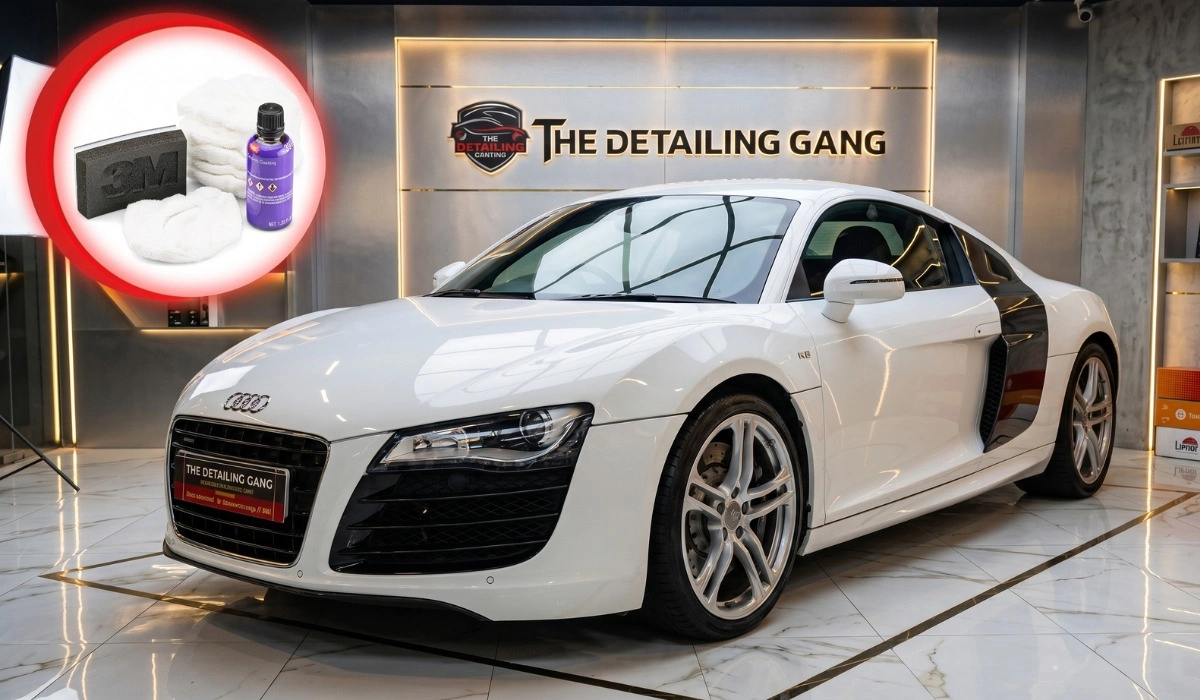 Professional ceramic coating installation on car
