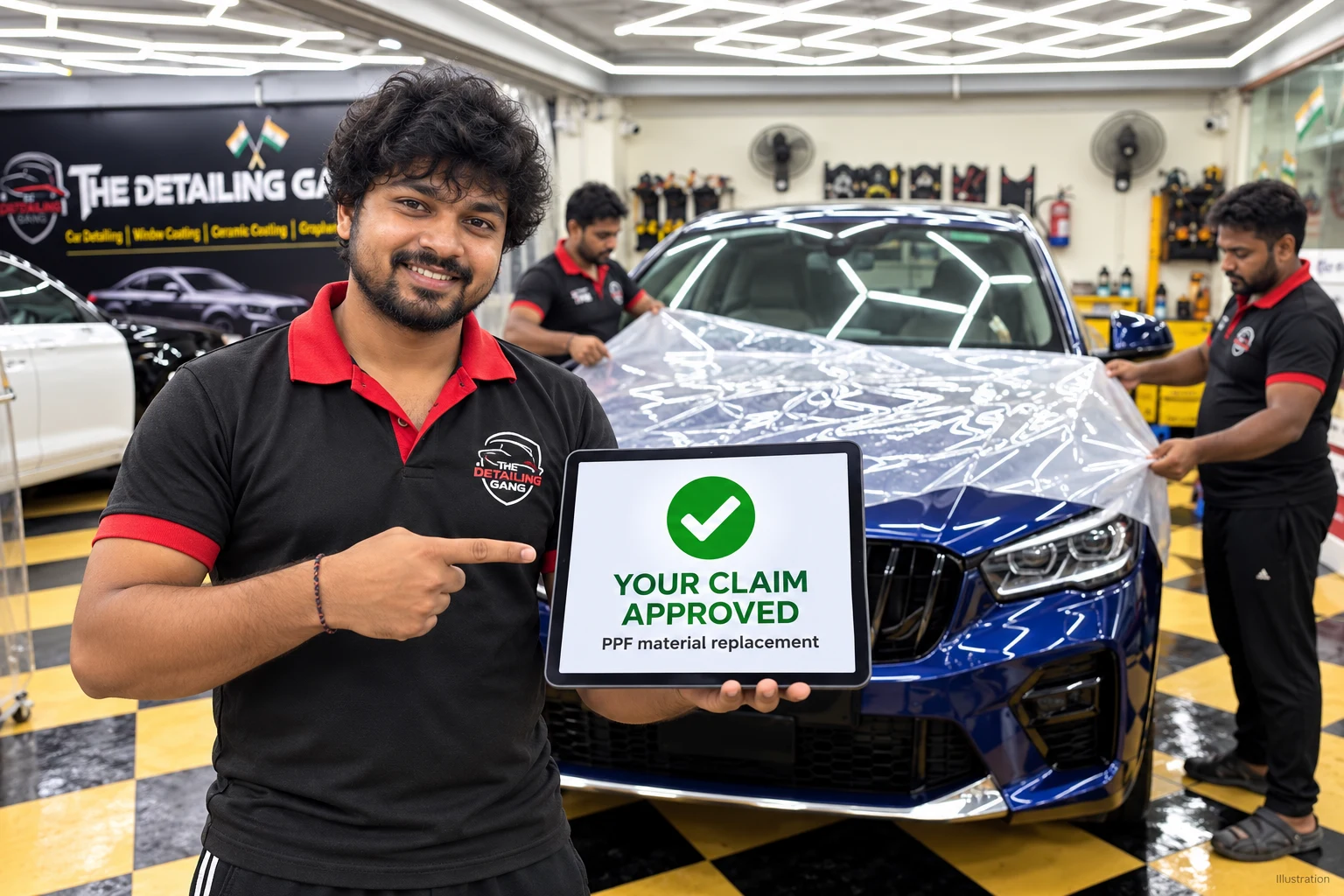 PPF accidental damage claim approval illustration: The Detailing Gang technician displays a Your Claim Approved screen for replacement film
