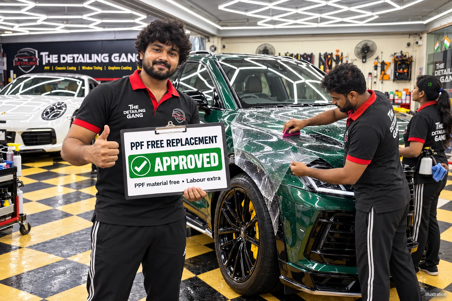 Free PPF replacement approval illustration: The Detailing Gang staff present an approval board beside a green SUV, with PPF material free and labour extra