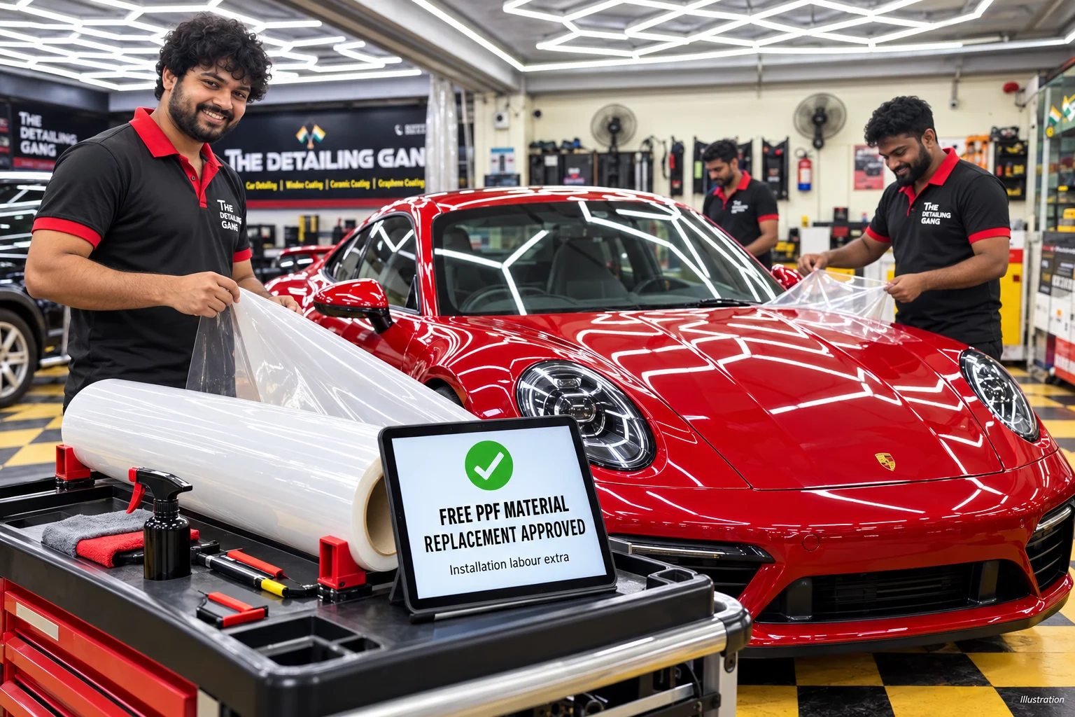 Approved PPF material replacement illustration: fresh paint protection film beside a red luxury car at The Detailing Gang, with installation labour extra