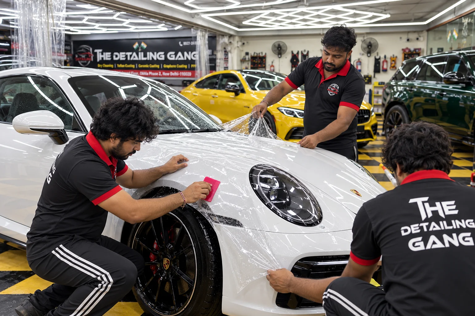 Illustrative PPF panel replacement on a white luxury sports car by staff in black-and-red uniforms in The Detailing Gang studio