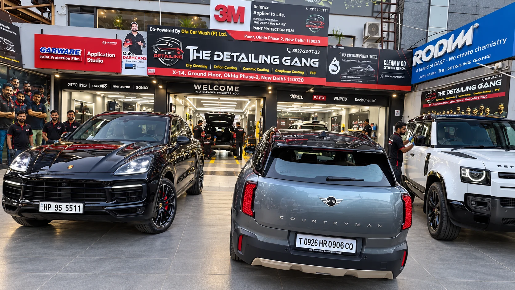 The Detailing Gang studio frontage and staff with black Porsche, grey MINI and white Defender luxury vehicles