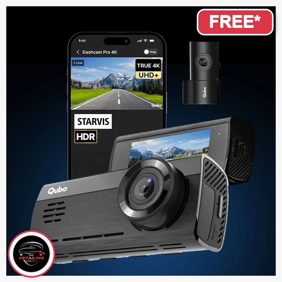 Official Qubo Dashcam Pro 4K promotional image, available free with eligible PPF package at The Detailing Gang, Okhla Delhi